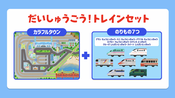いろいろなマップで乗り物遊びができるアプリ『のりものワールド』に新しく「だいしゅうごう！トレインセット」が登場！